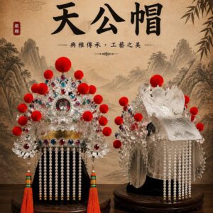 天公帽-仿古銀帽 紅絨球彩鑽款