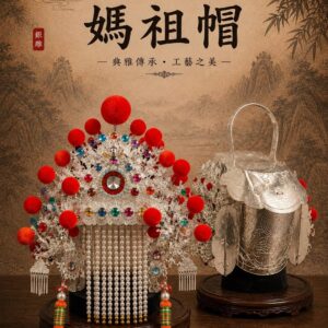 媽祖帽-仿古銀帽 紅絨球彩鑽款